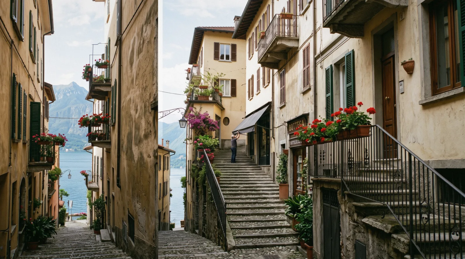 Stepped alley of Salita Serbelloni climbing between ochre houses at Bellagio, Lake Como