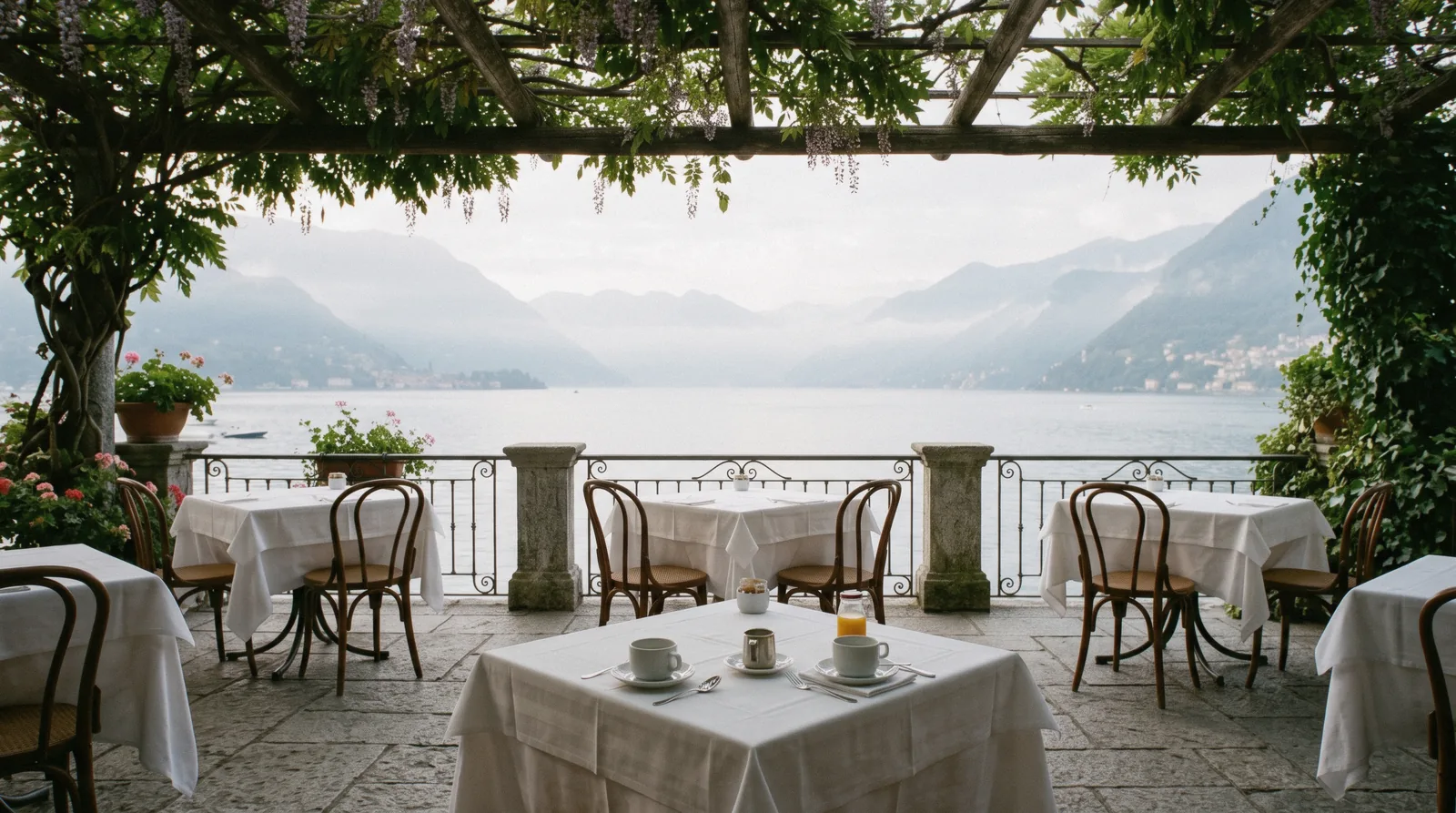 a lakeside hotel breakfast terrace at Cernobbio in the morning, best hotels Lake Como