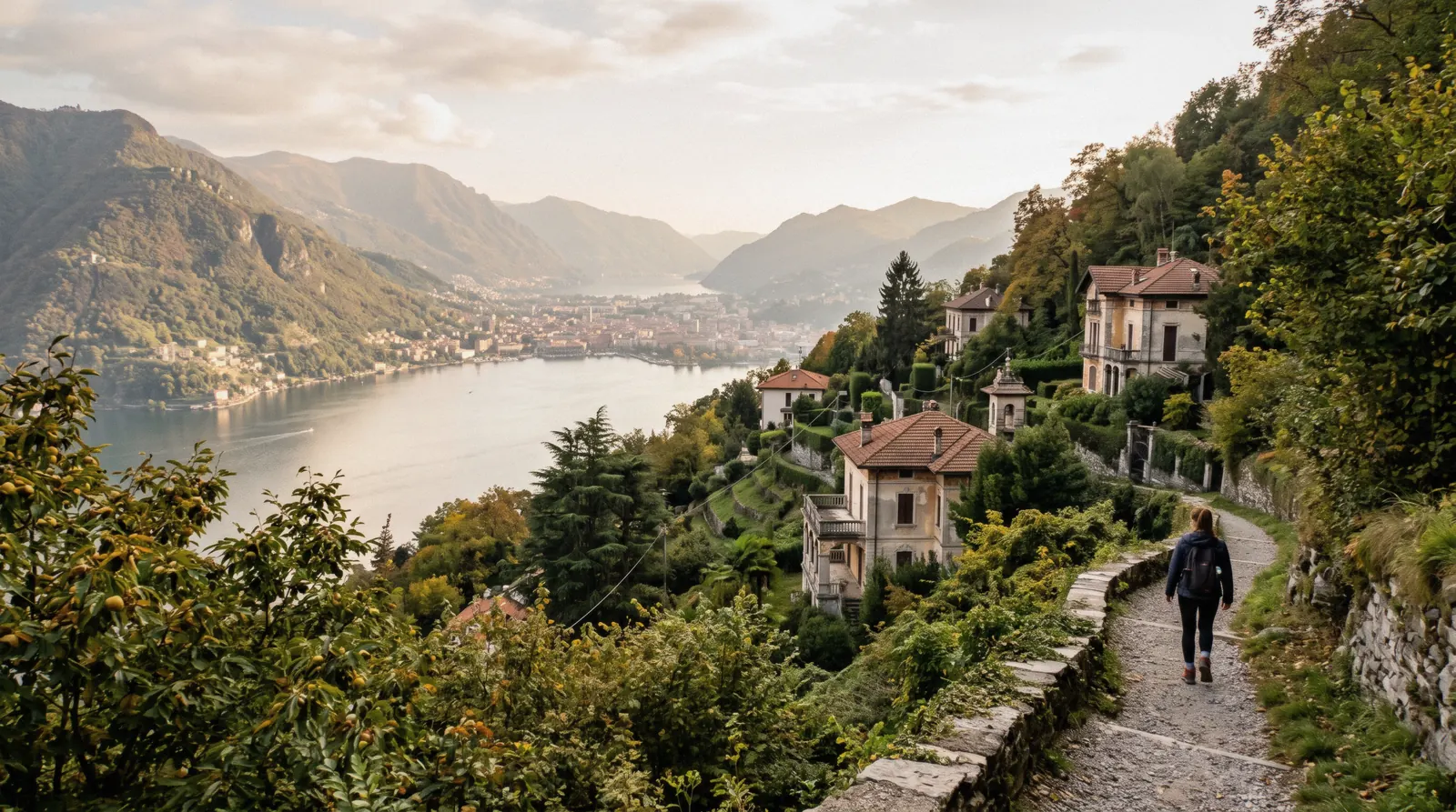 Liberty villas among trees at Brunate with the Como basin far below, Lake Como