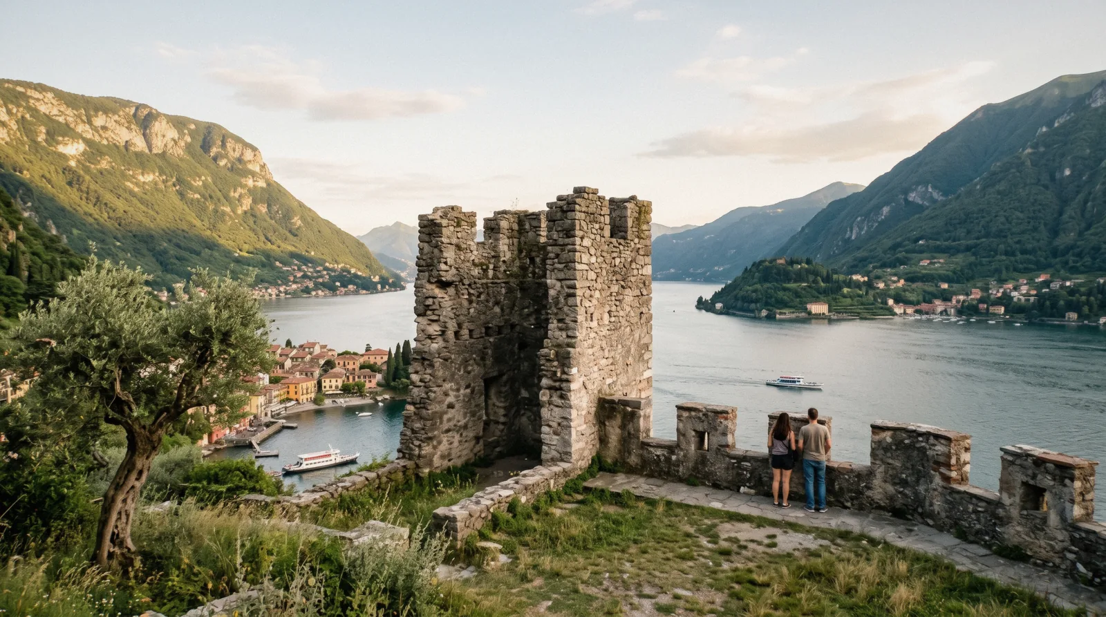 The square keep of Castello di Vezio on its terrace above the lake with the fork of the two branches behind it, Castello di Vezio above Varenna on Lake Como