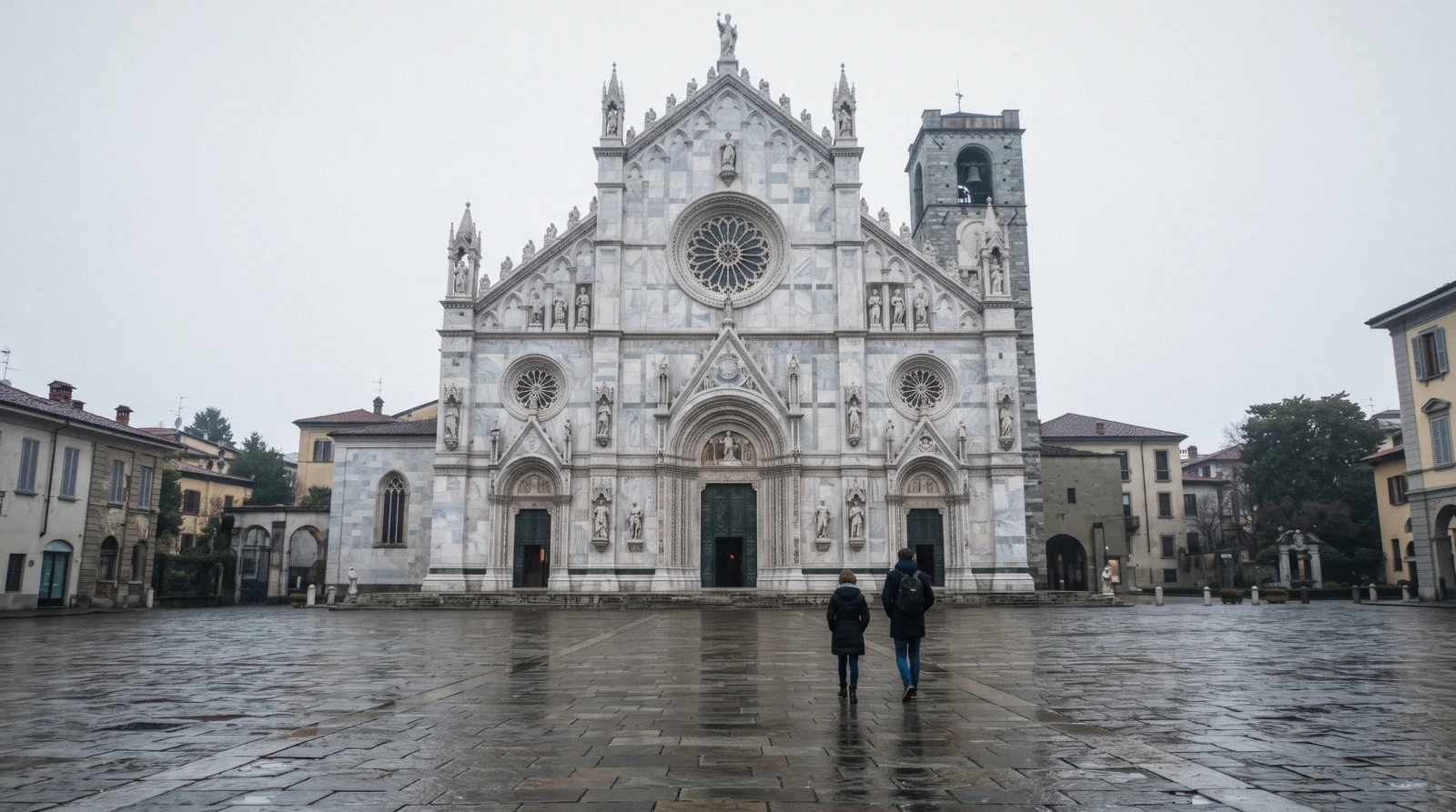 The marble west front and Rococo cupola of Como Cathedral seen from Piazza del Duomo in morning light, Como Cathedral on Lake Como