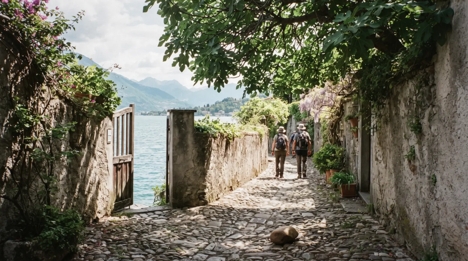 A stone-paved lane between garden walls dropping towards the water on the western shore, the Greenway del Lago di Como walking route