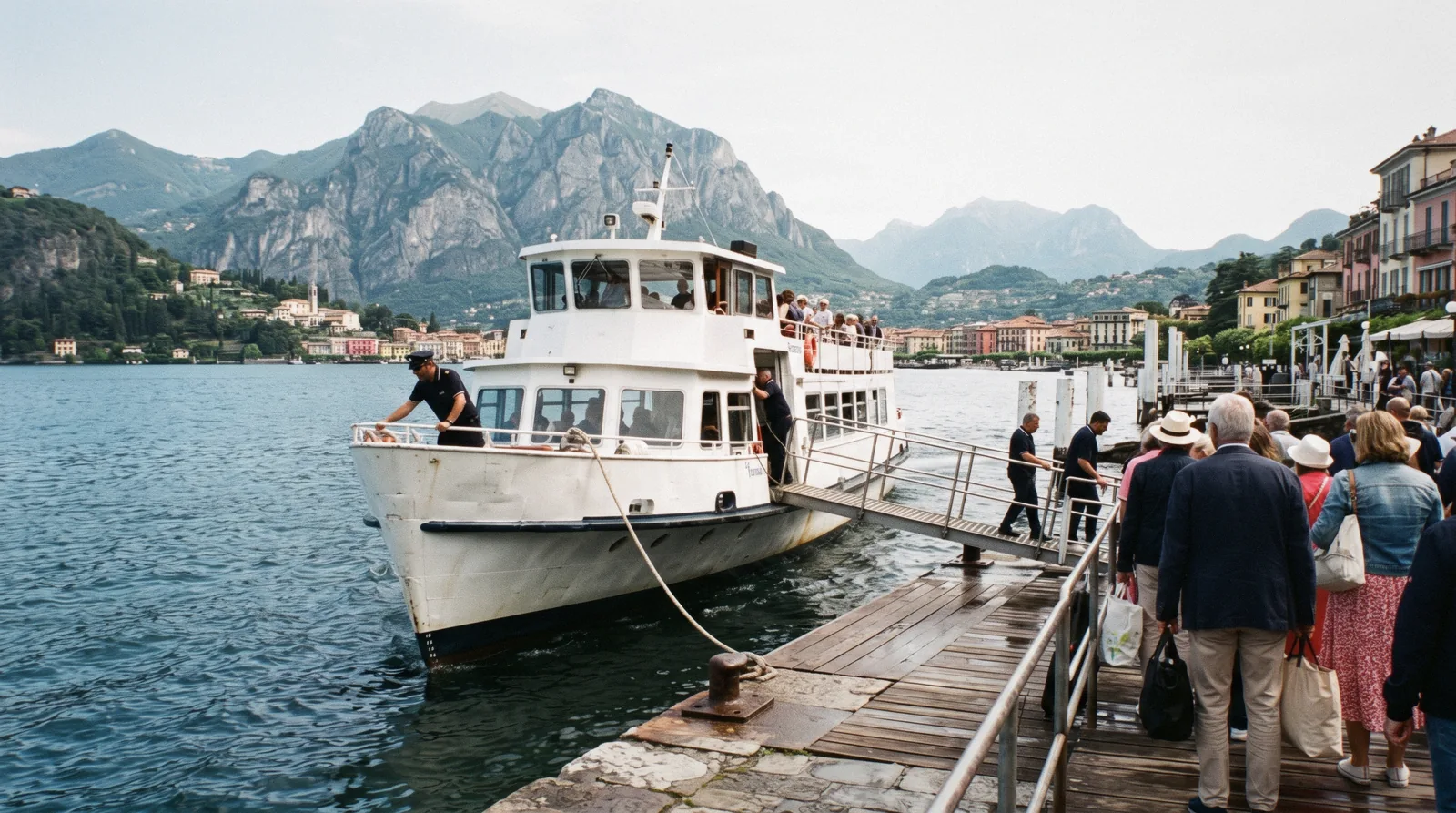 A white Navigazione Laghi ship pulling away from a lakeside pontoon with mountains behind it, the Lake Como ferry crossing the centre of the lake