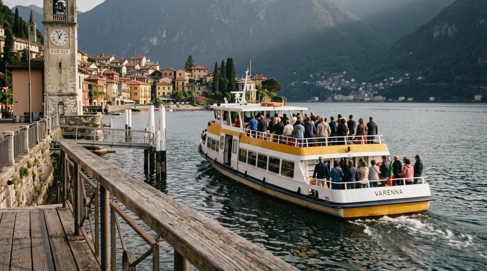 A departing public boat at Varenna pier in evening light, Lake Como in one day