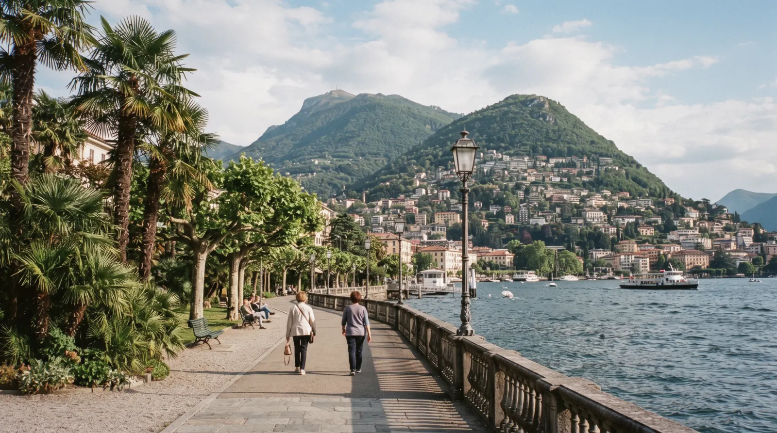 The Lugano waterfront and the wooded ridge of Monte Bre behind it, the Swiss city that makes the easiest Lugano day trip from Lake Como