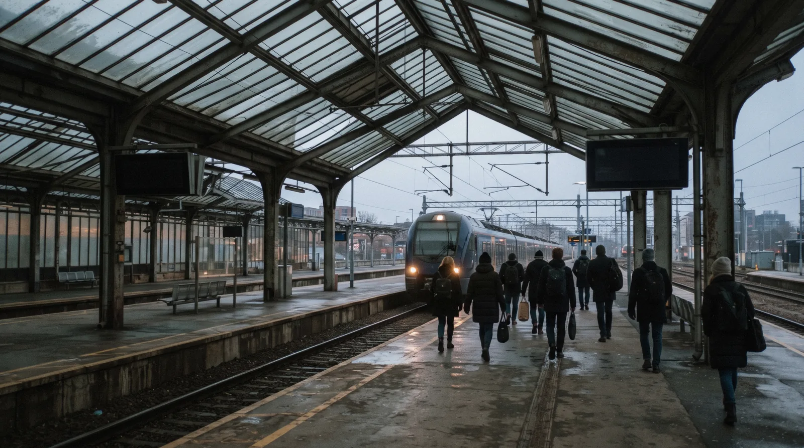 A regional train on the lakeside line approaching the water, the first leg of a day at Lake Como out of Milan