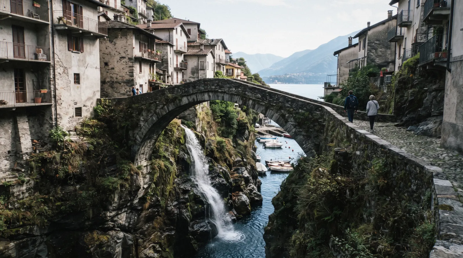The stone arch of the Ponte della Civera at the mouth of the ravine at Nesso on Lake Como, with the village stacked on the slope above