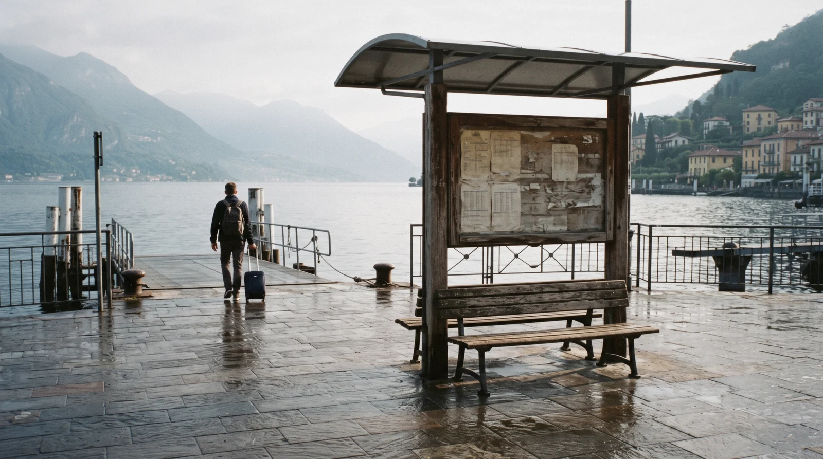 A timetable board and a bench on a lakeside pier early on a June morning, the first decision in planning a trip to Lake Como