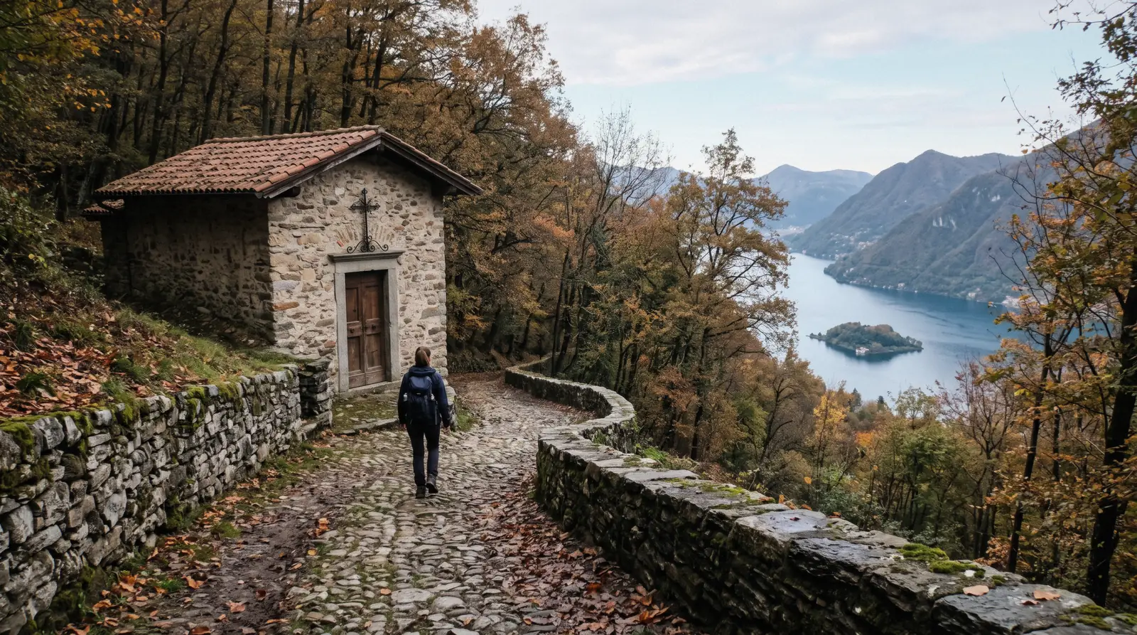 The cobbled chapel path climbing past a stone chapel above the lake, with Isola Comacina in the water below, on the walk up the Sacro Monte di Ossuccio