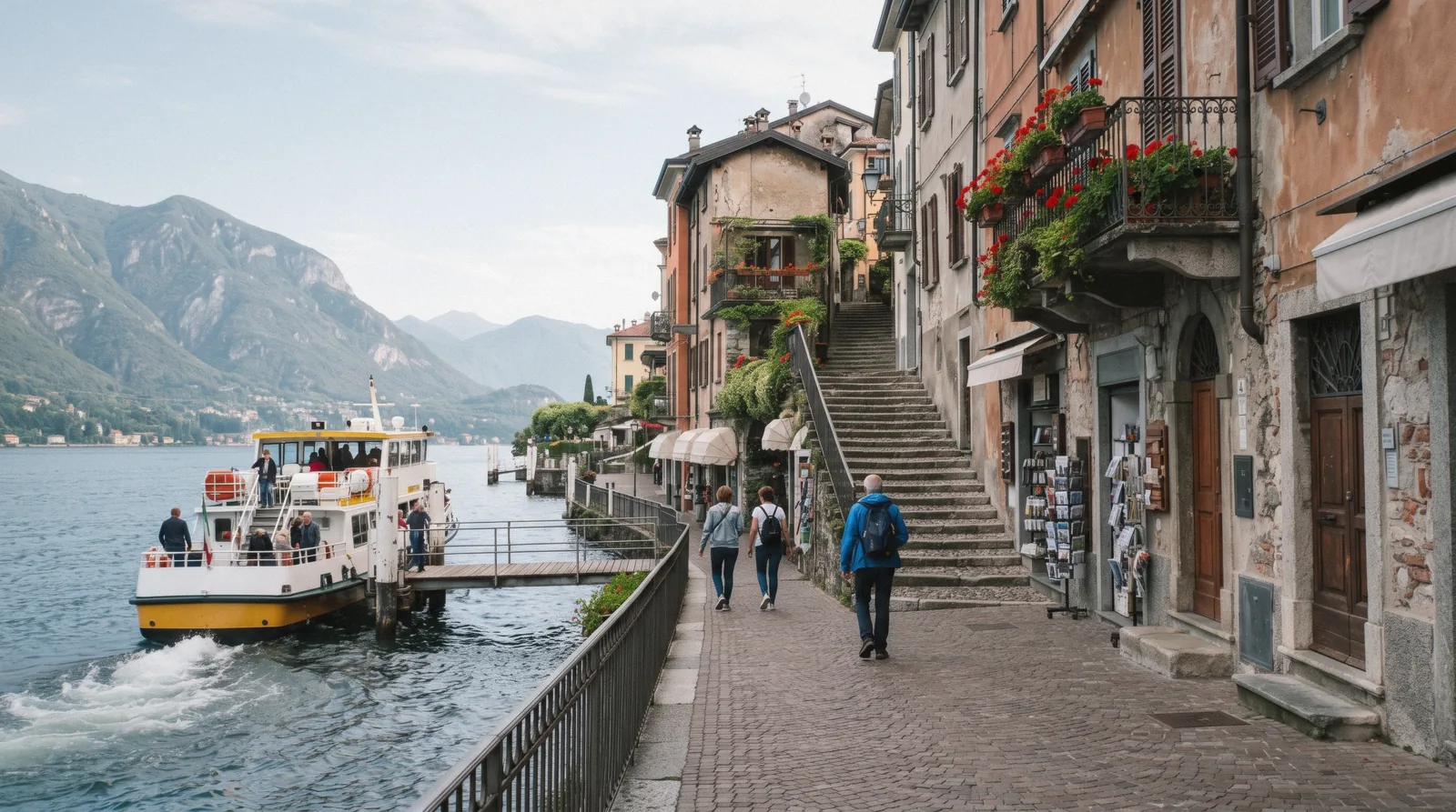 Morning boats at the Bellagio landing stage with the Tremezzina shore behind, the starting point for things to do in Lake Como