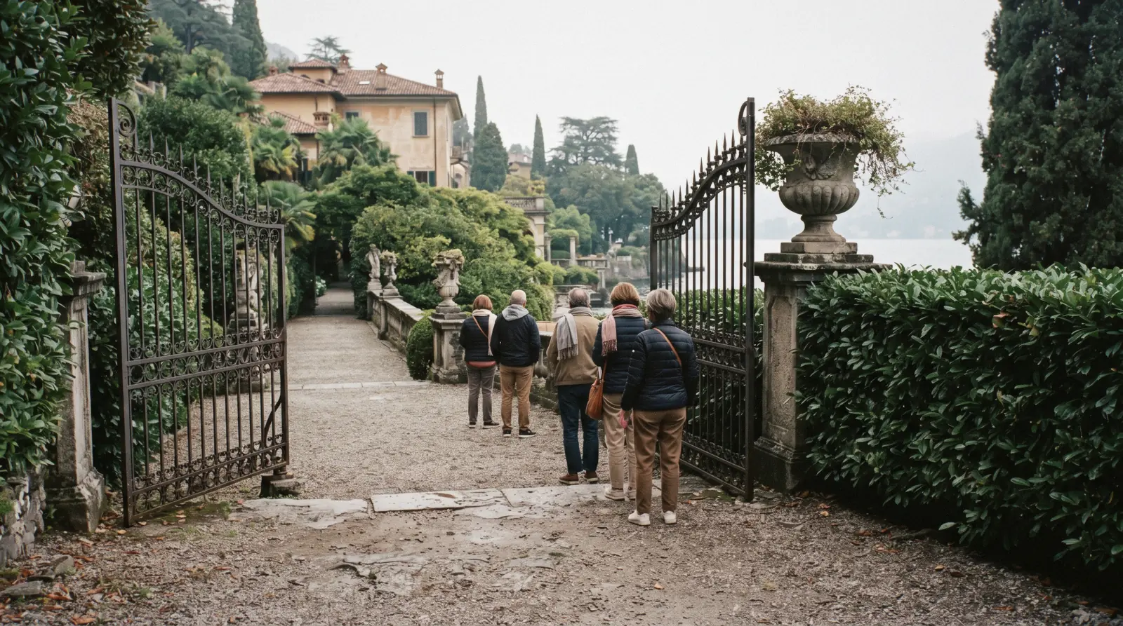 Visitors at a lakeside ticket desk with the boat pier behind, the point where most Lake Como tickets are actually bought