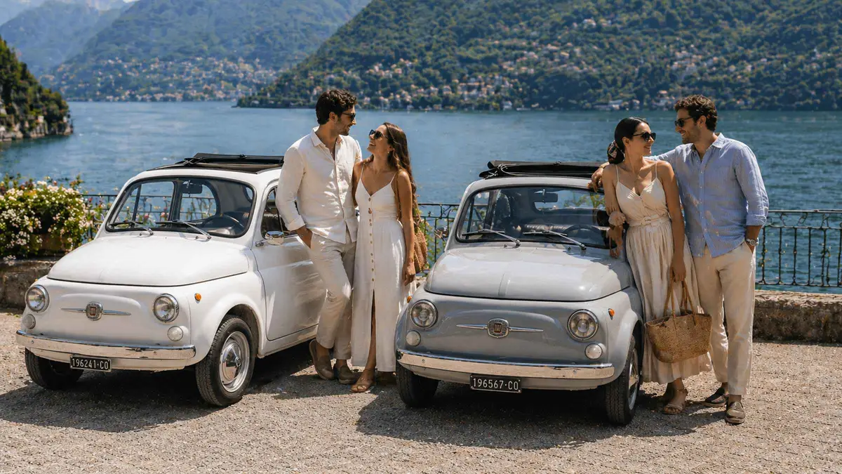 Vintage Fiat 500 parked at a viewpoint above Lake Como near Tremezzo