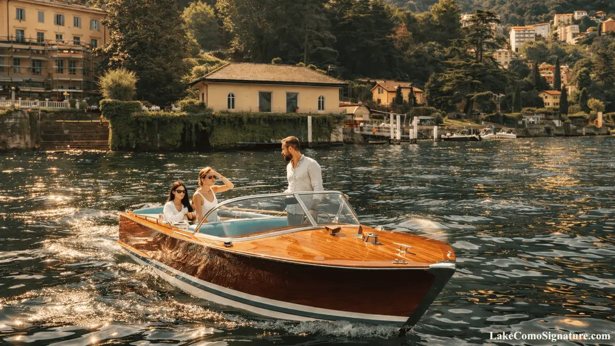Restored 1960s wooden boat on a private vintage boat tour of Lake Como from Como