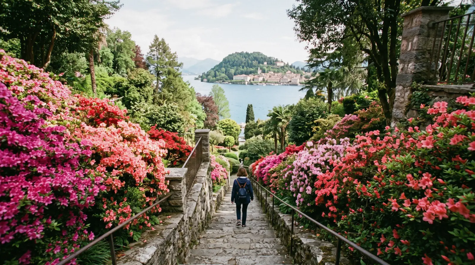 Azalea terraces and the stone staircase of a nineteenth-century villa garden above the lake at Tremezzo, the Villa Carlotta half of the Villa Balbianello vs Villa Carlotta decision
