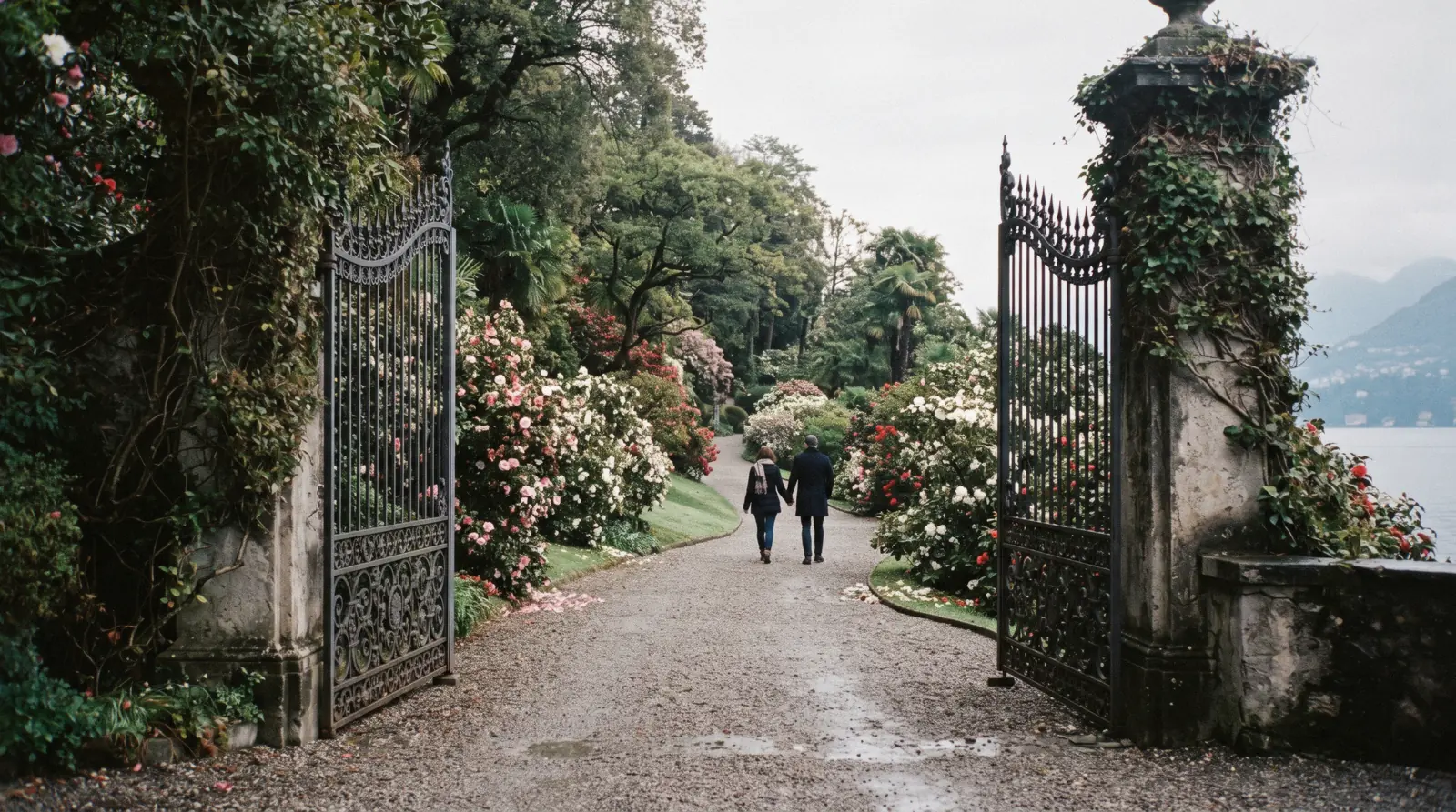 The azalea terraces and stone staircase climbing from the lakefront gate, where Villa Carlotta tickets are checked at Tremezzo