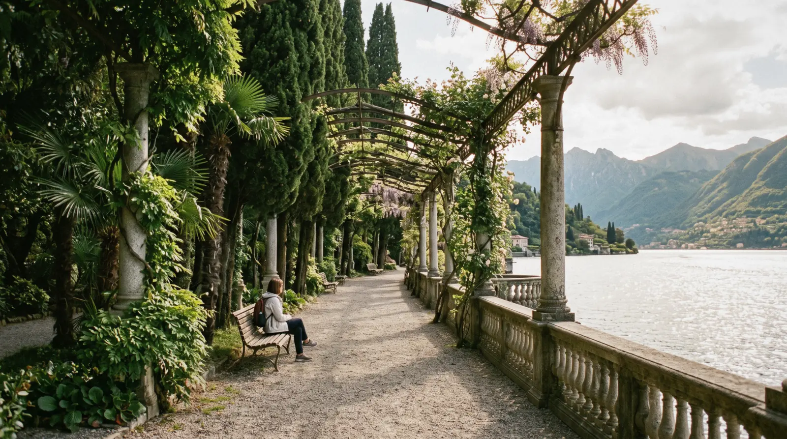 The lakeside pergola and cypresses of the botanical garden at Villa Monastero, Varenna, Lake Como