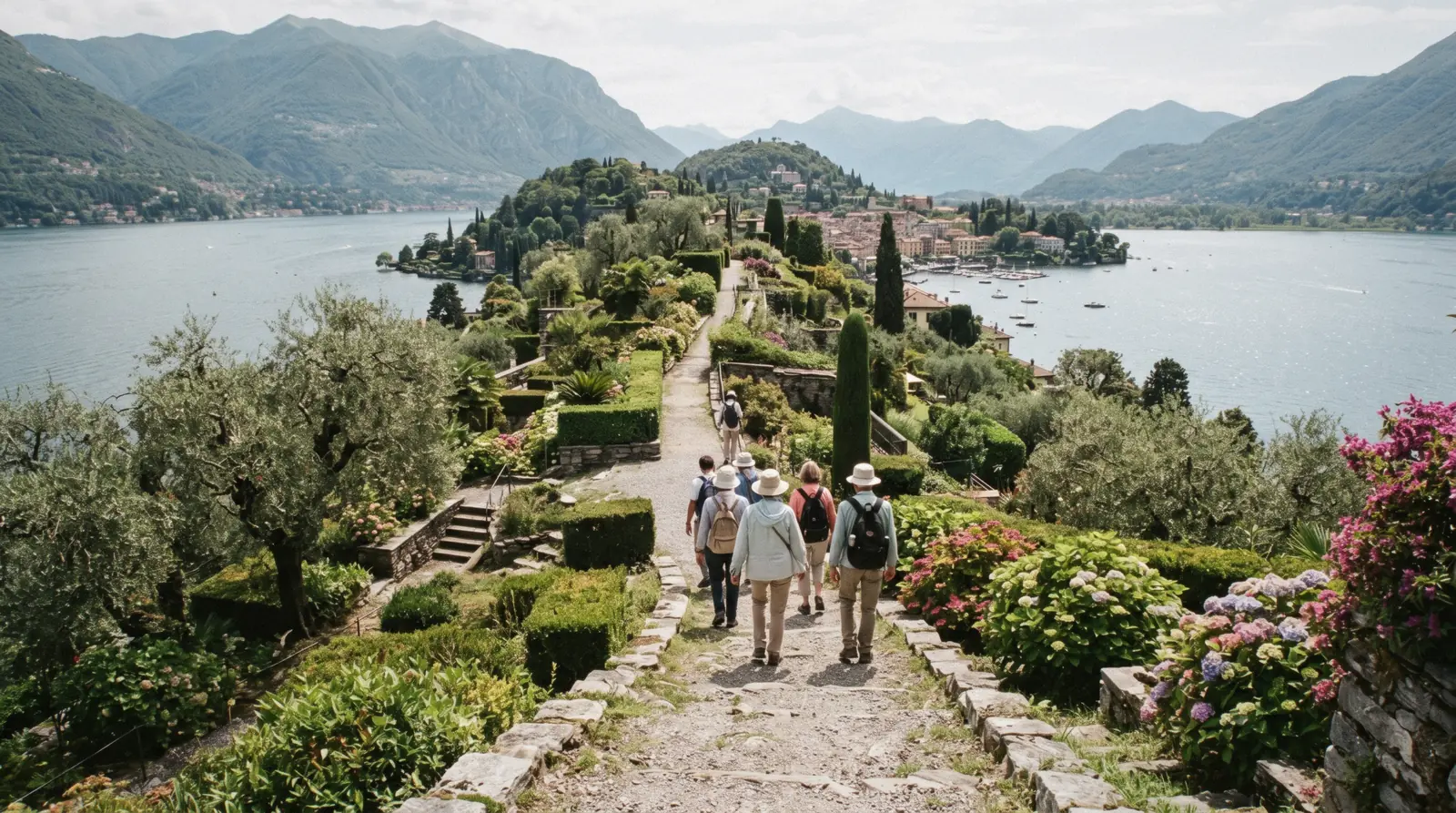 Stone paths and cypresses climbing the Bellagio promontory in the park of Villa Serbelloni, Lake Como