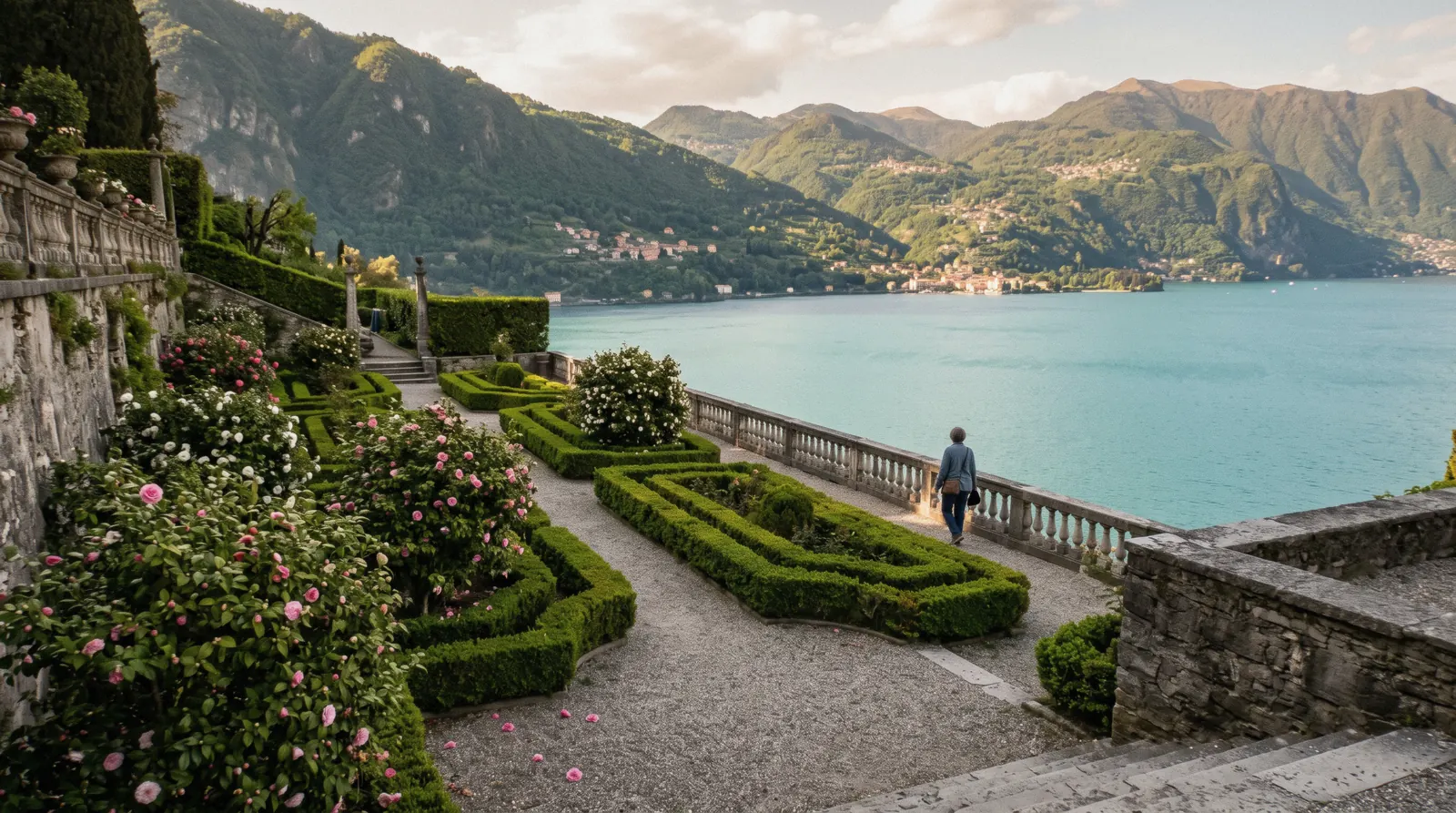 Terraced garden dropping to the water on the Tremezzina shore, the view that draws visitors to the Lake Como villas